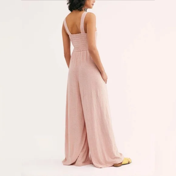 Free People Pink Sleeveless Smocked Wide Leg Homecoming Jumpsuit - Picture 3 of 4